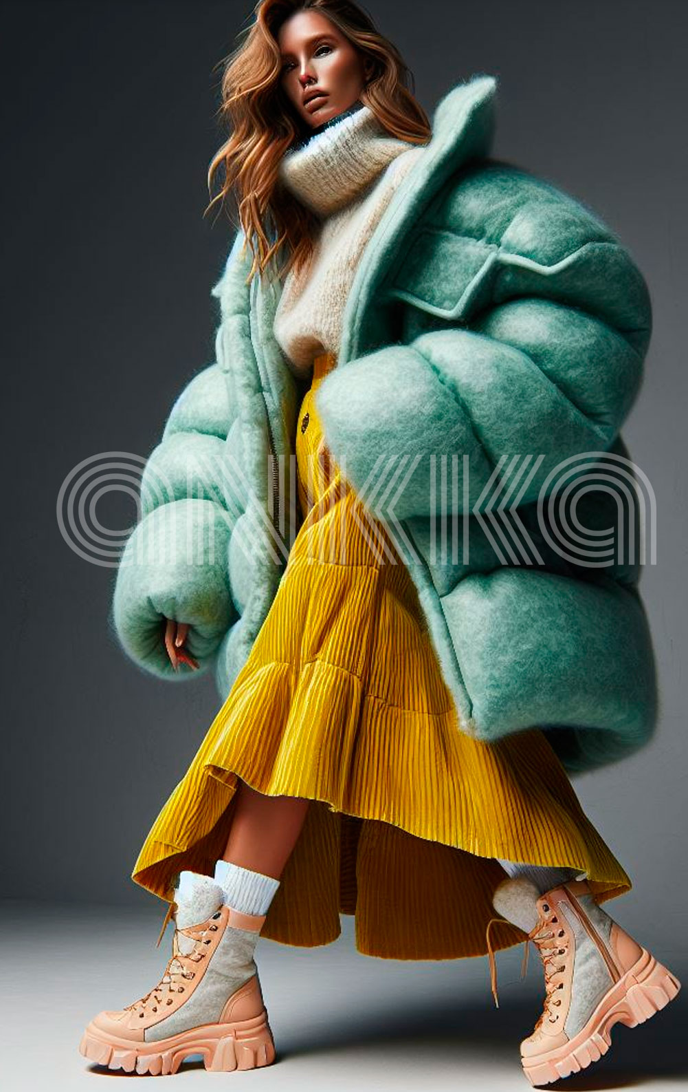 Down jacket made from felt yarn combined with a corduroy skirt