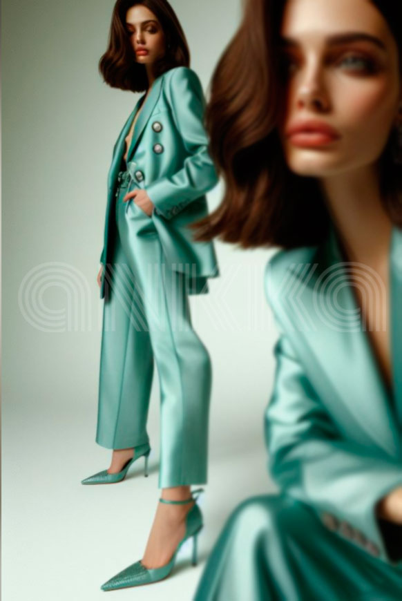 sea-green satin trouser suit